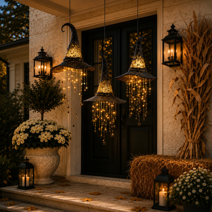 🧙‍♀️ Lighted Witch Hat Hanging Chime – Glowing Halloween Porch Decor ✨