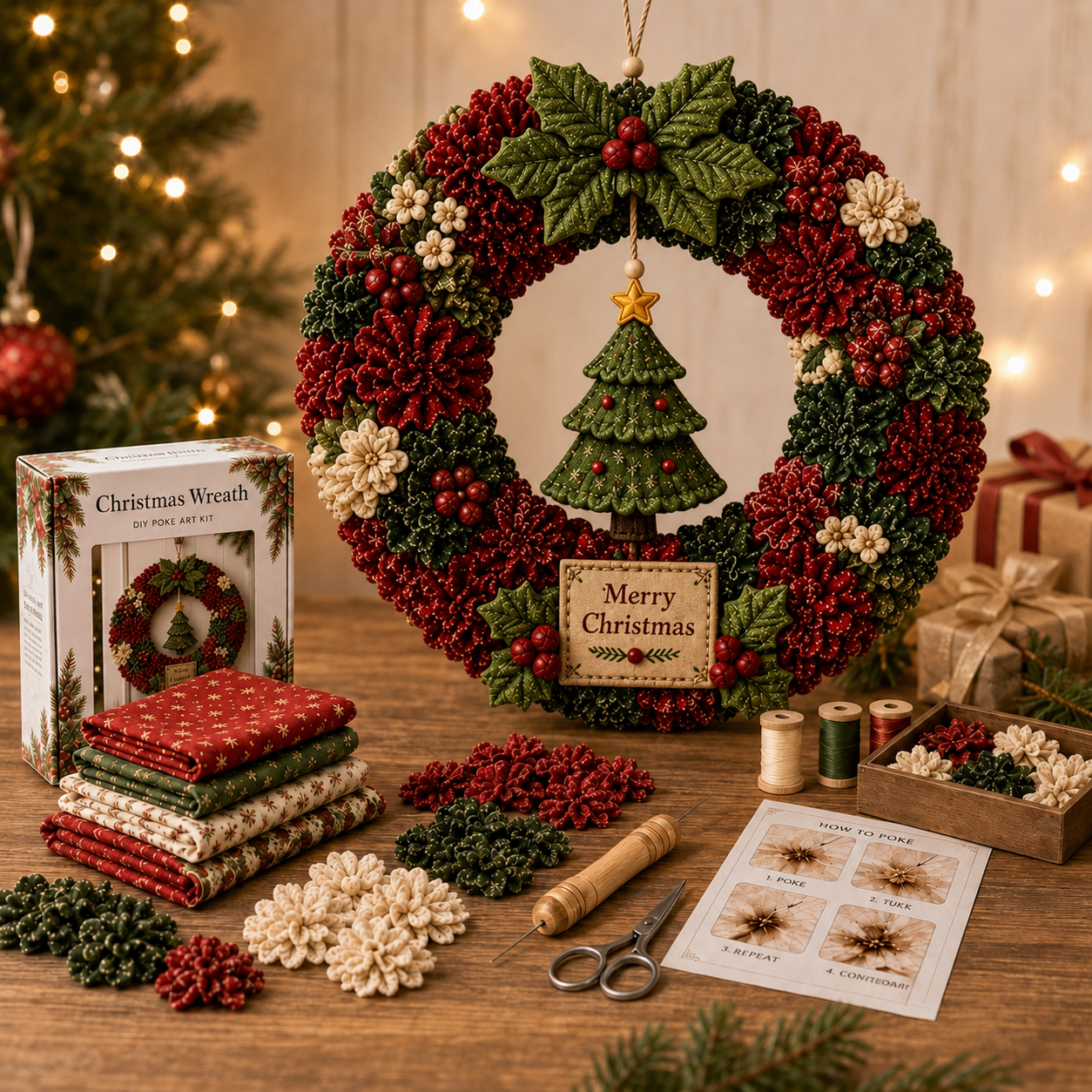 🎄 Christmas Fabric Wreath DIY Kit – Festive Holiday Door Decor