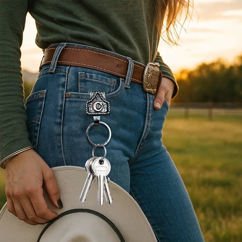 Vintage Brass Initial Cow Tag Keychain