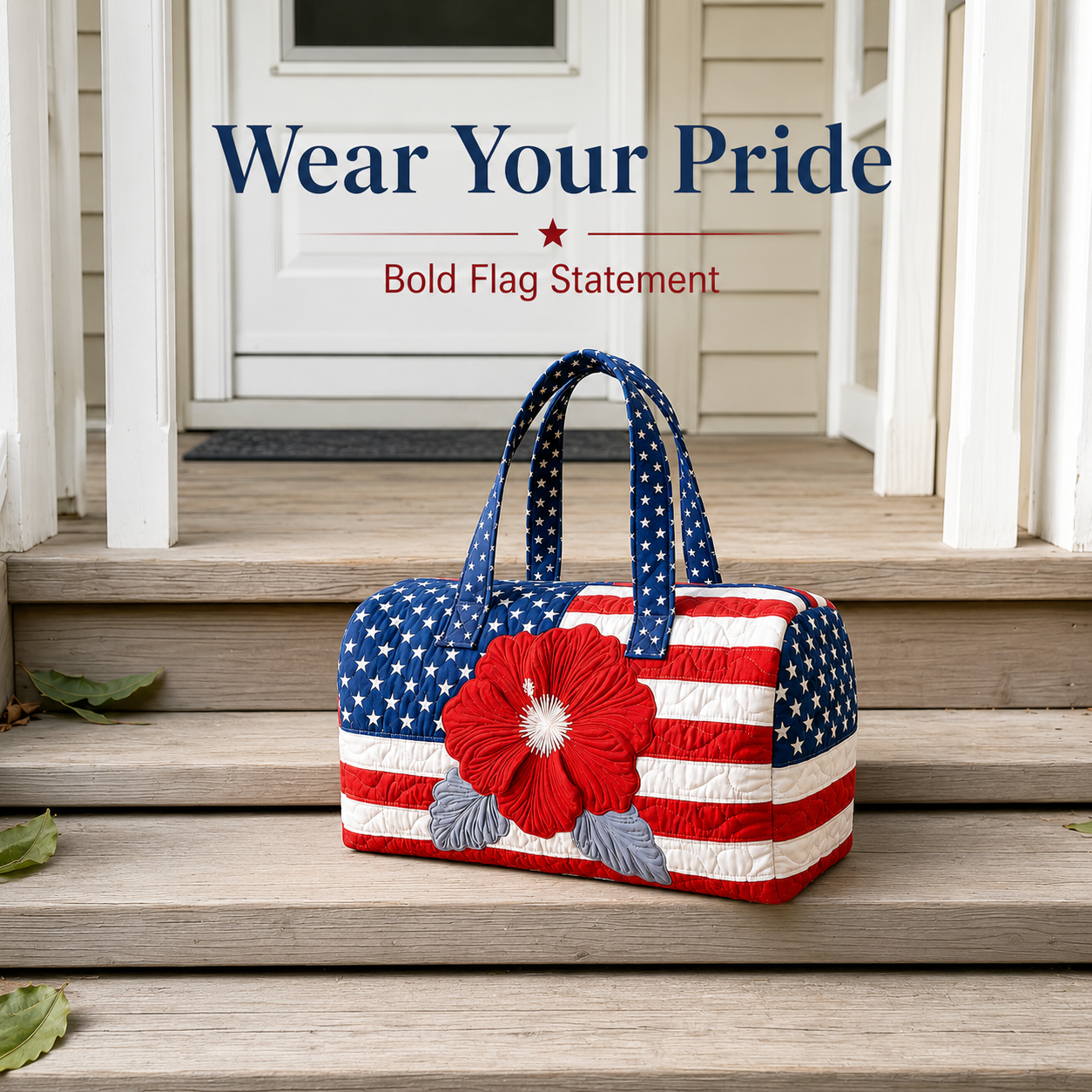 Patriotic Quilted Tote Bag | 3D Floral American Flag Travel Duffel