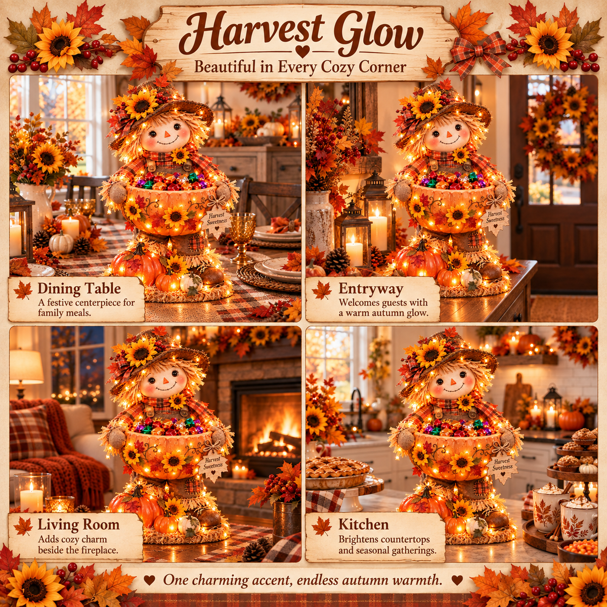 🎃🍂 Harvest Glow – Light-Up Scarecrow Candy Bowl | Halloween & Fall Porch Decor