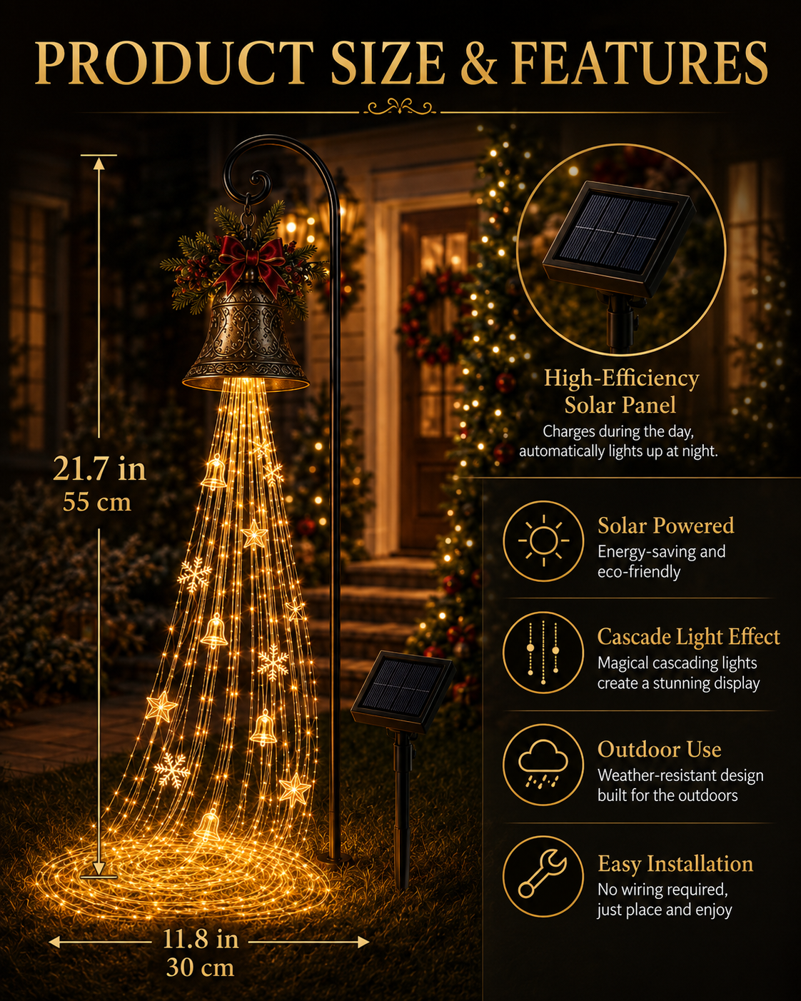 🔔Perfect Christmas Moment🎄 Christmas Bell Cascade Solar Yard Light✨