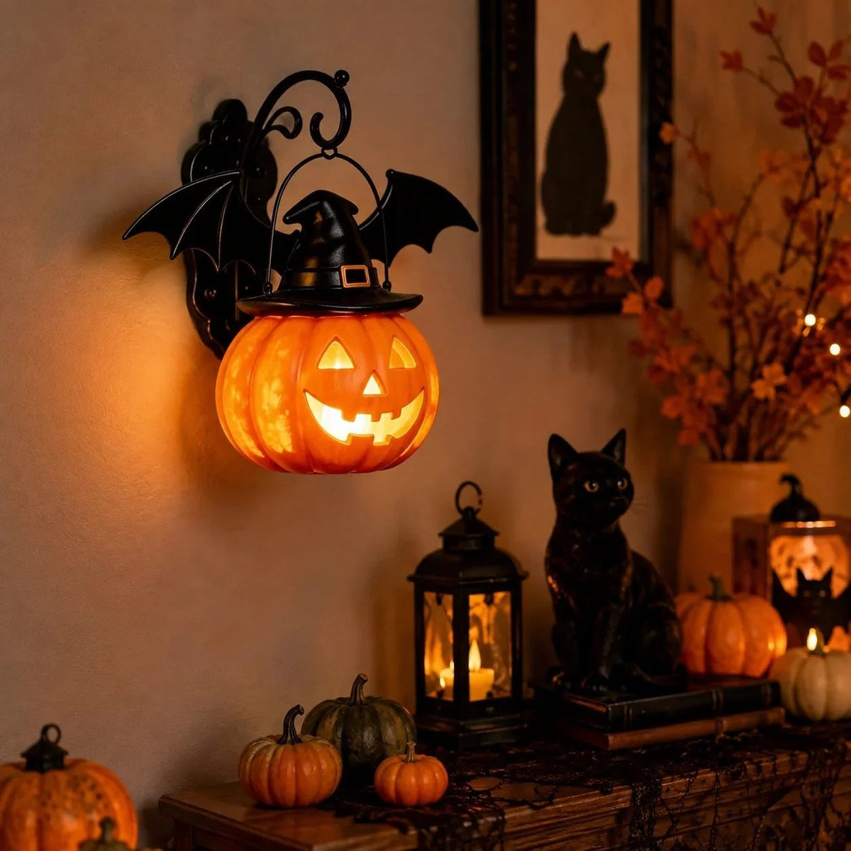 🔥50% OFF 🎃🦇 Bat Hat Pumpkin Wall Lamp – Halloween Decor