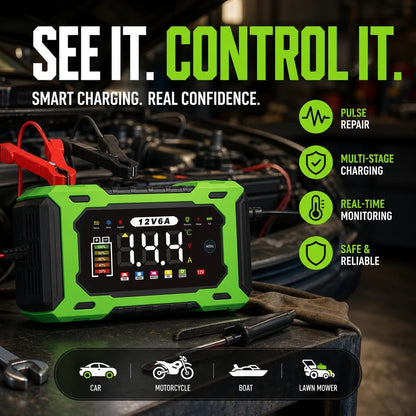 🔥⚡ 12V 6A Automatic Battery Maintainer & Pulse Repairer—For Cars, Motorcycles & SUVs, Auto Maintain & Desulfation