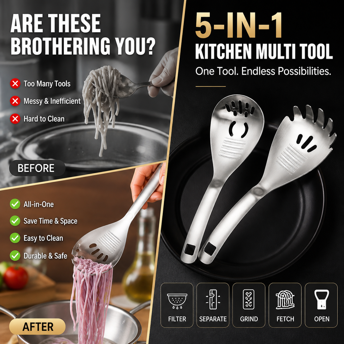 🥳2026 HOT SALE🥳💞50K+ SOLD! 🥄🎁 50% OFF! Stainless Steel Spoon – From £7.98! 5-in-1 filters, grinds, fetches & opens. Space-saving kitchen hero – stock up & save! 🏠✅