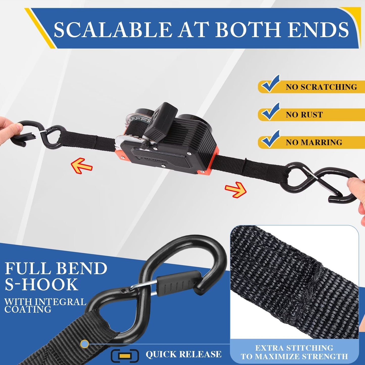 Dual-End Retractable Ratchet Straps, Black Nylon, 1 Inches x 16 Feet, 1500lb Capacity, Steel S-Hook with Clip for Motorcycles, Kayaks, Boats, ATVs
