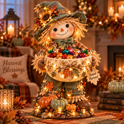 🎃🍂 Harvest Glow – Light-Up Scarecrow Candy Bowl | Halloween & Fall Porch Decor
