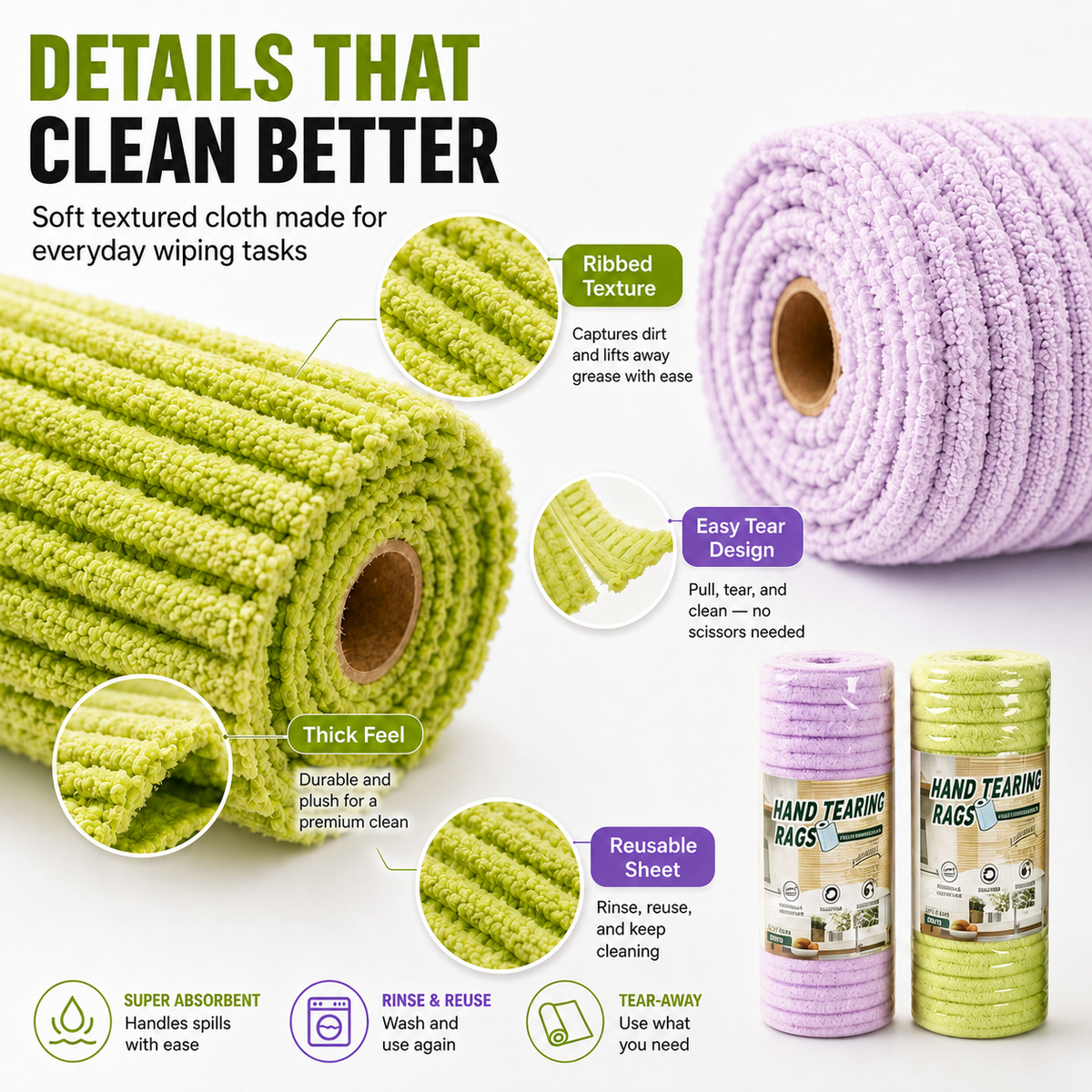 🧼 Reusable Cleaning Cloth Roll ✨ Tear Off, Wash & Reuse