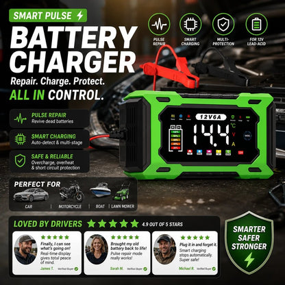 🔥⚡ 12V 6A Automatic Battery Maintainer & Pulse Repairer—For Cars, Motorcycles & SUVs, Auto Maintain & Desulfation