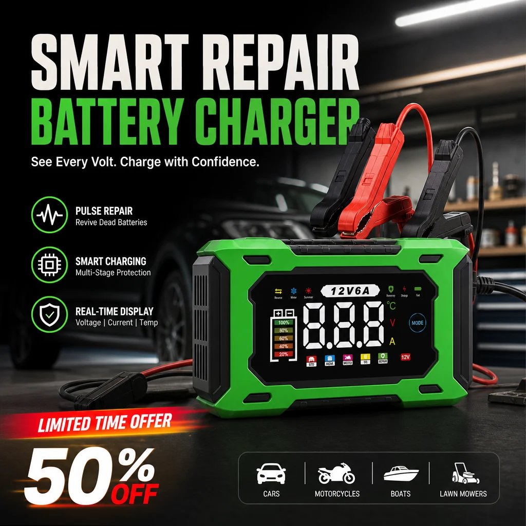 🔥⚡ 12V 6A Automatic Battery Maintainer & Pulse Repairer—For Cars, Motorcycles & SUVs, Auto Maintain & Desulfation