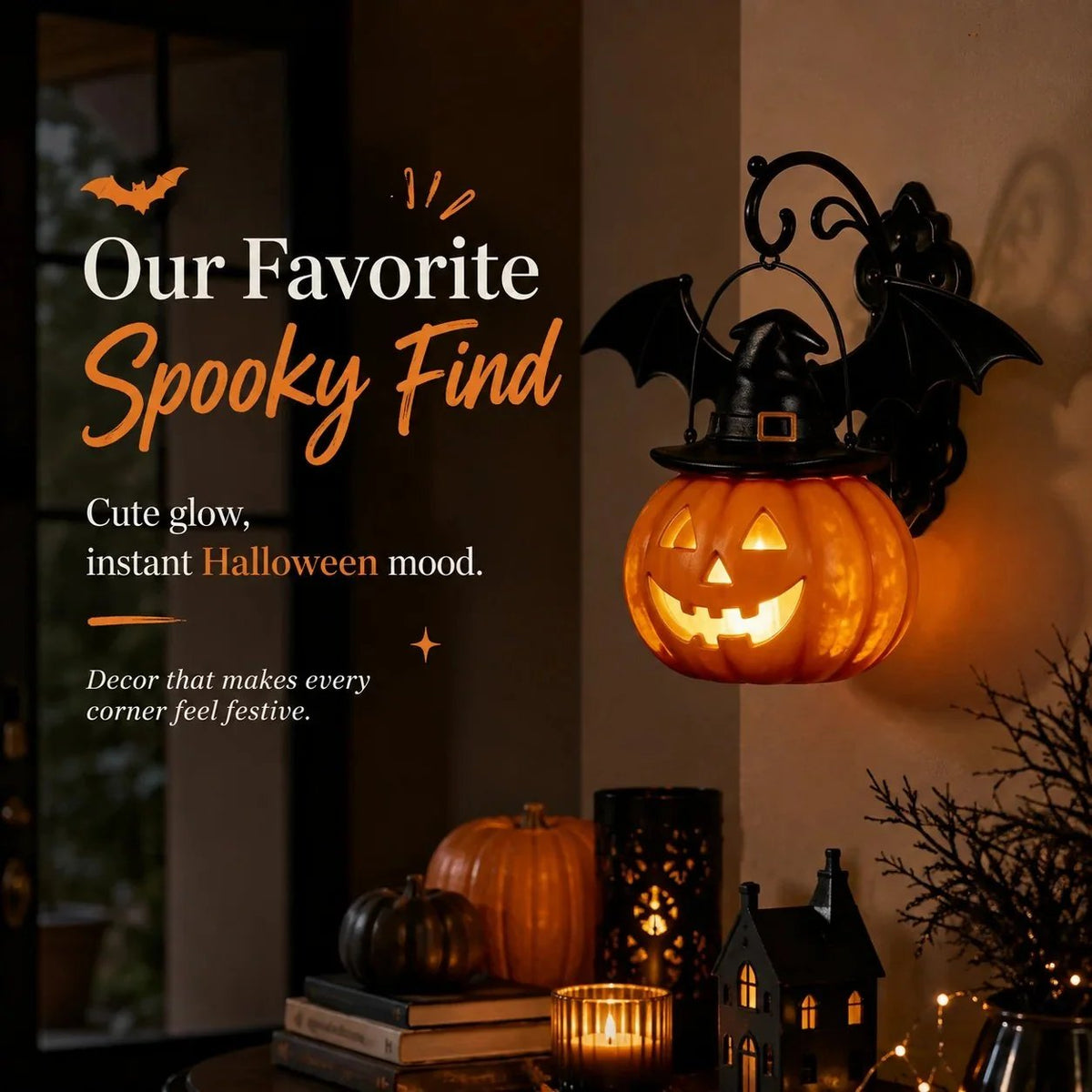 🔥50% OFF 🎃🦇 Bat Hat Pumpkin Wall Lamp – Halloween Decor