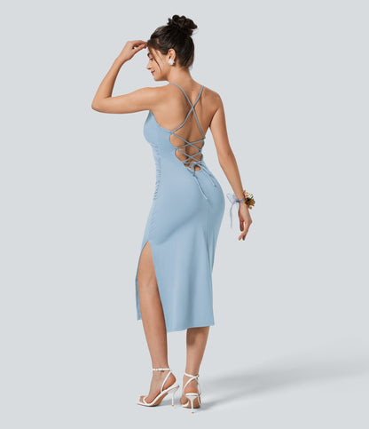 Crossover Ruched Lace Up Bodycon Cool Touch Dress-UPF50+