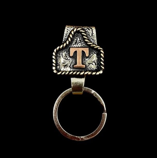 Vintage Brass Initial Cow Tag Keychain