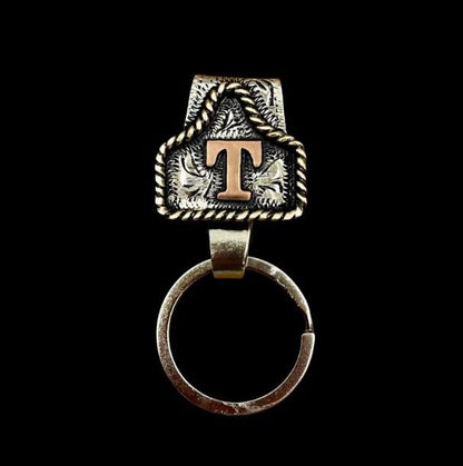 Vintage Brass Initial Cow Tag Keychain
