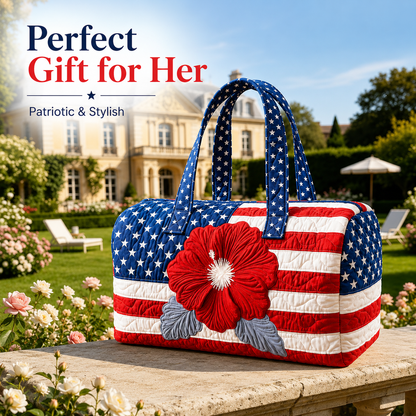 Patriotic Quilted Tote Bag | 3D Floral American Flag Travel Duffel