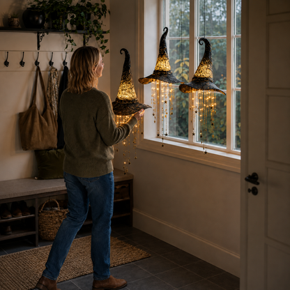 🧙‍♀️ Lighted Witch Hat Hanging Chime – Glowing Halloween Porch Decor ✨