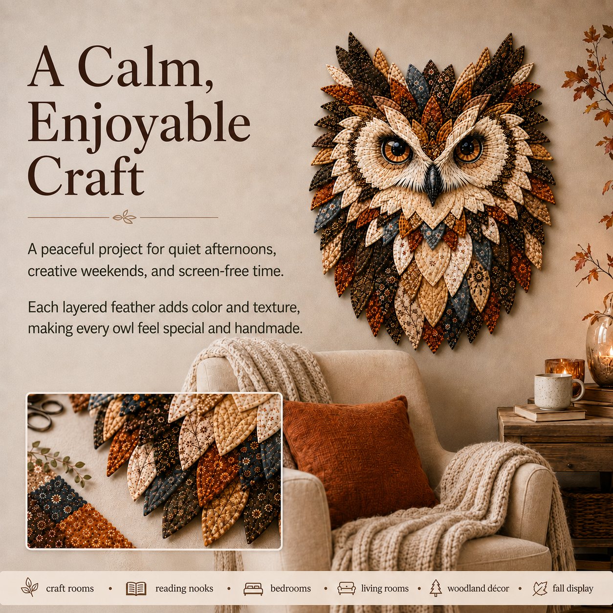 💥 LAST DAY 49% OFF - 🦉 Layered Fabric Owl Wall Art DIY Kit – Relaxing Craft, Beautiful Results (📦Buy 3 Free Shipping)