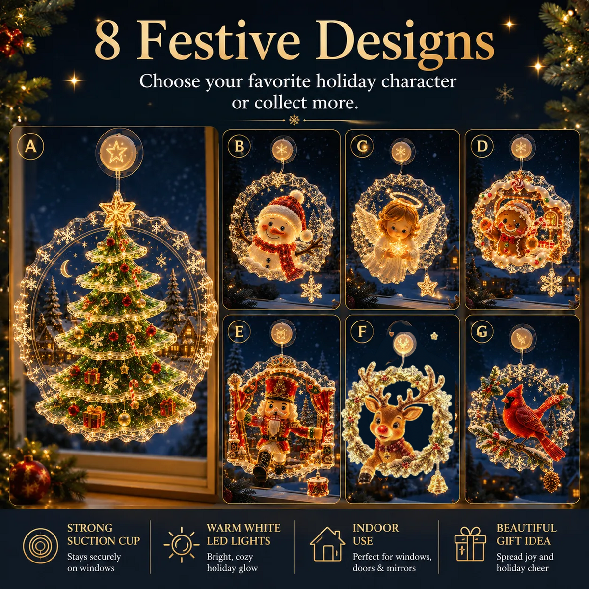 ✈️Last Day 50% OFF✨🎄Lighted Christmas Window Decoration with Suction Cup | Flat Verison Warm LED Window Light with Double-Layer Design & Multiple Festive Styles ✨