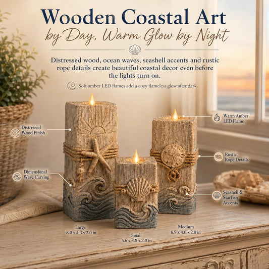 Coastal Wooden LED Candle Decor Set of 3 – Flameless Seashell Glow with Remote & Timer
