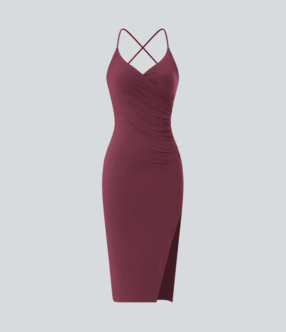 Crossover Ruched Lace Up Bodycon Cool Touch Dress-UPF50+