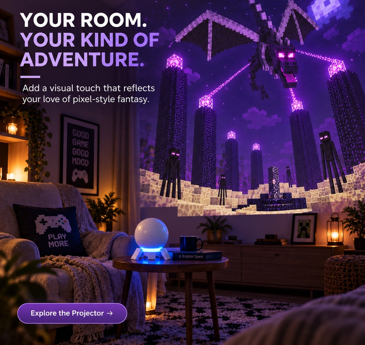 🎮 Pixel Fantasy Scene Projector – Ambient Decor for Gaming Rooms