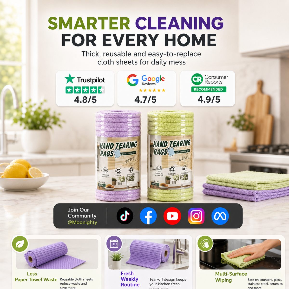 🧼 Reusable Cleaning Cloth Roll ✨ Tear Off, Wash & Reuse