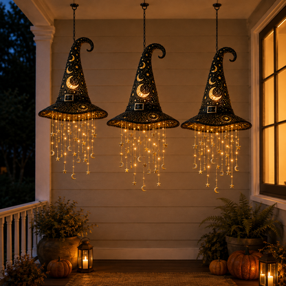 🧙‍♀️ Lighted Witch Hat Hanging Chime – Glowing Halloween Porch Decor ✨