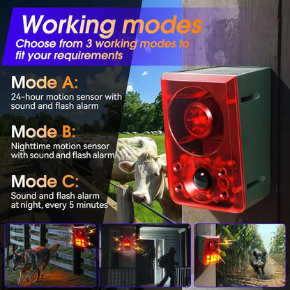🔊 130dB SOLAR MOTION SENSOR ANIMAL ALARM 🔥 Flashing Light + Custom Recording