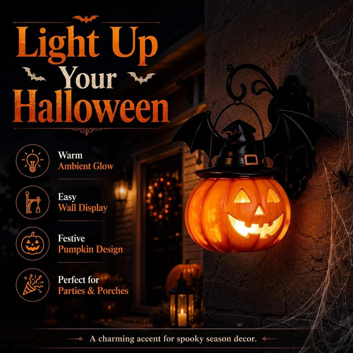 🔥50% OFF 🎃🦇 Bat Hat Pumpkin Wall Lamp – Halloween Decor