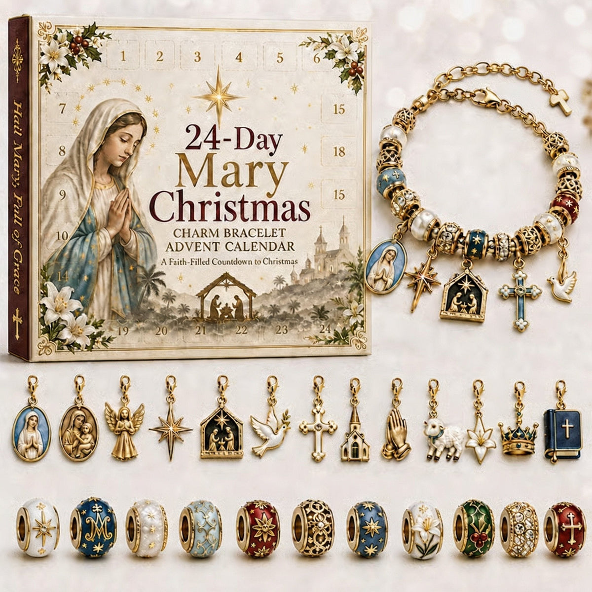 ✈️Last Day 50% OFF✨🎄24-Day Christian Christmas Charm Bracelet Advent Calendar