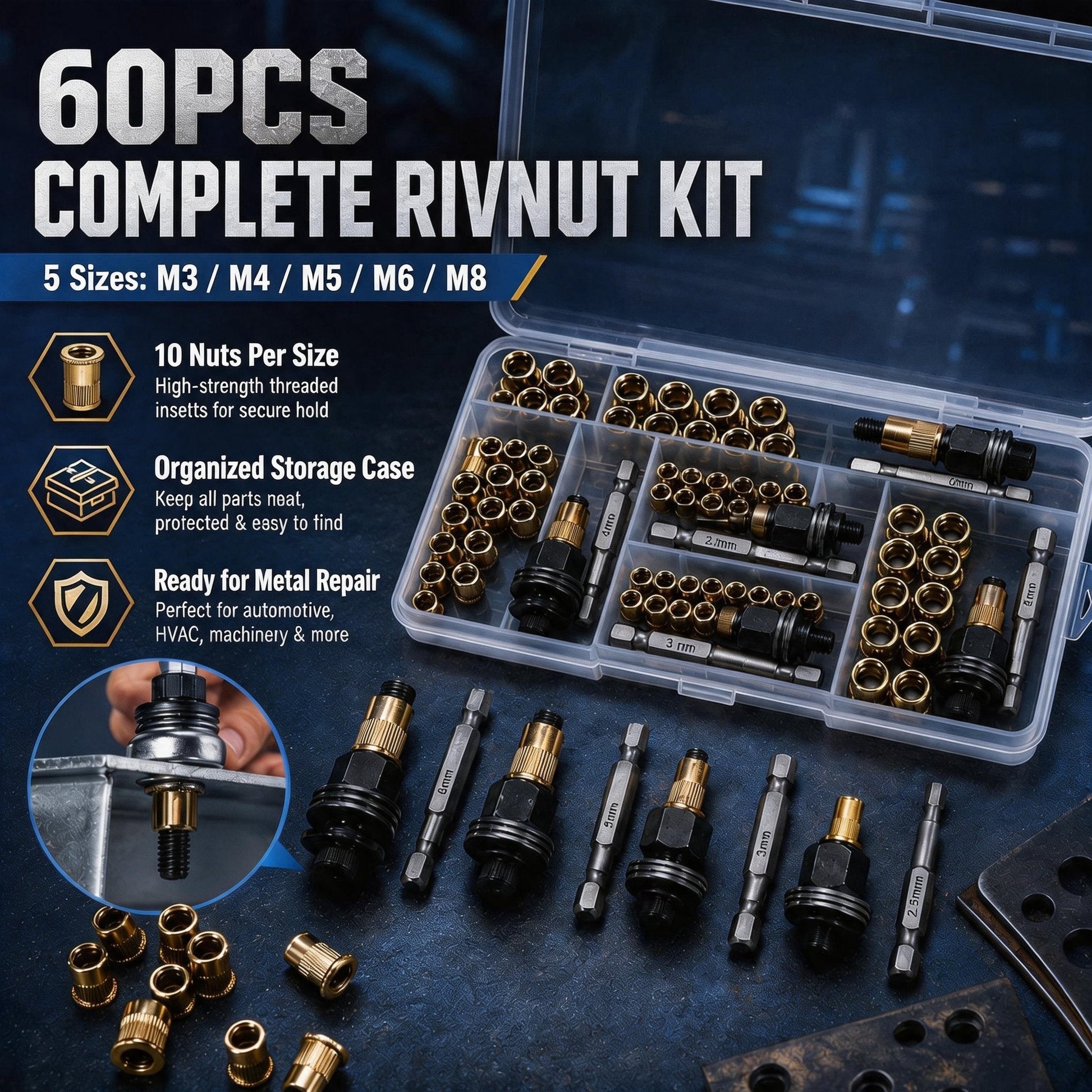 Carbon steel rivet nut set (including M3–M8 sizes)