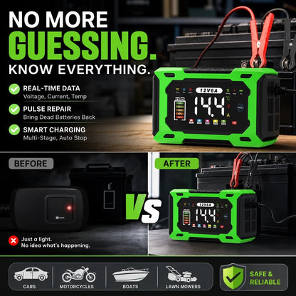 🔥⚡ 12V 6A Automatic Battery Maintainer & Pulse Repairer—For Cars, Motorcycles & SUVs, Auto Maintain & Desulfation