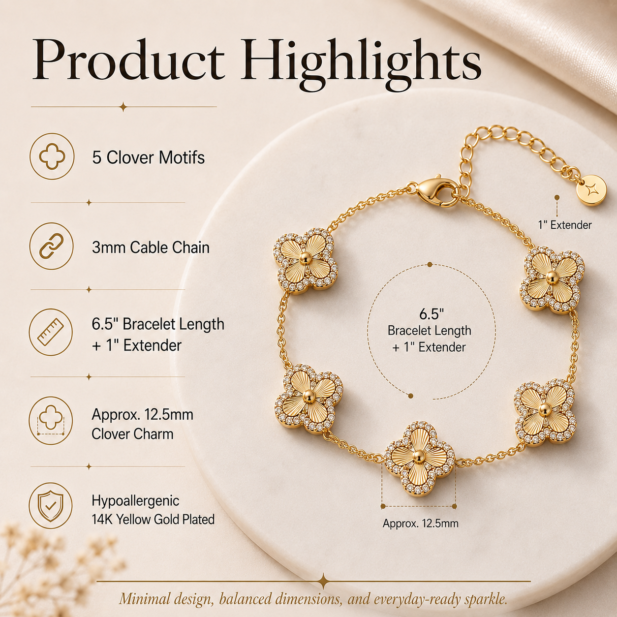 🏅14K Gold-Plated Four-Leaf Clover Bracelet – Lucky Charm Jewelry for Women