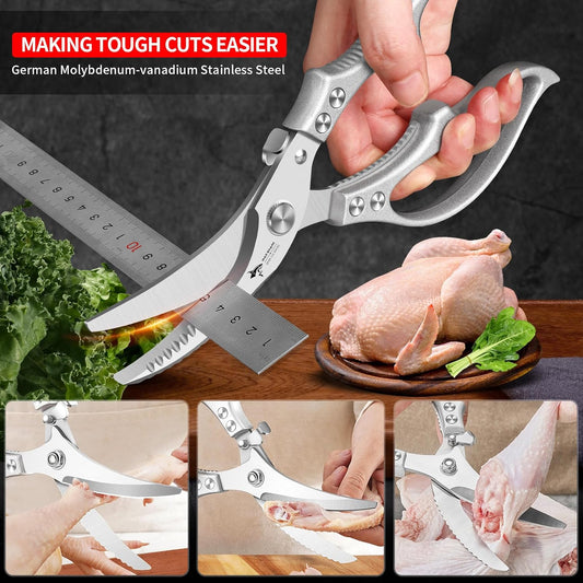 ✂️ Heavy-Duty Multifunction Kitchen Shears – 4-in-1 Tool with Fish Scaler, Bottle Opener & Safety Lock 🔪