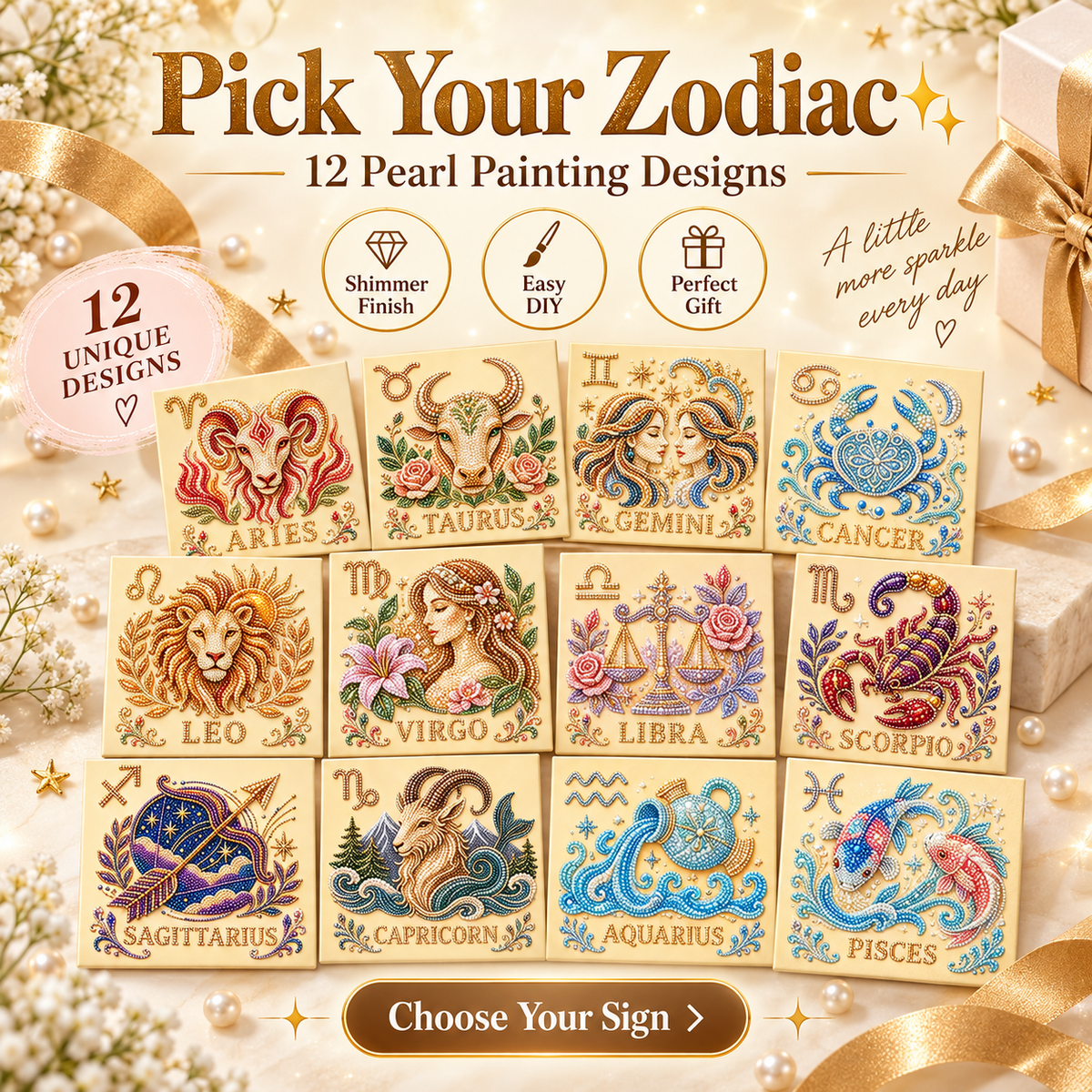 ✨ Pick Your Sign & Create It – Zodiac Pearl Painting DIY Kit | 12 Unique Designs