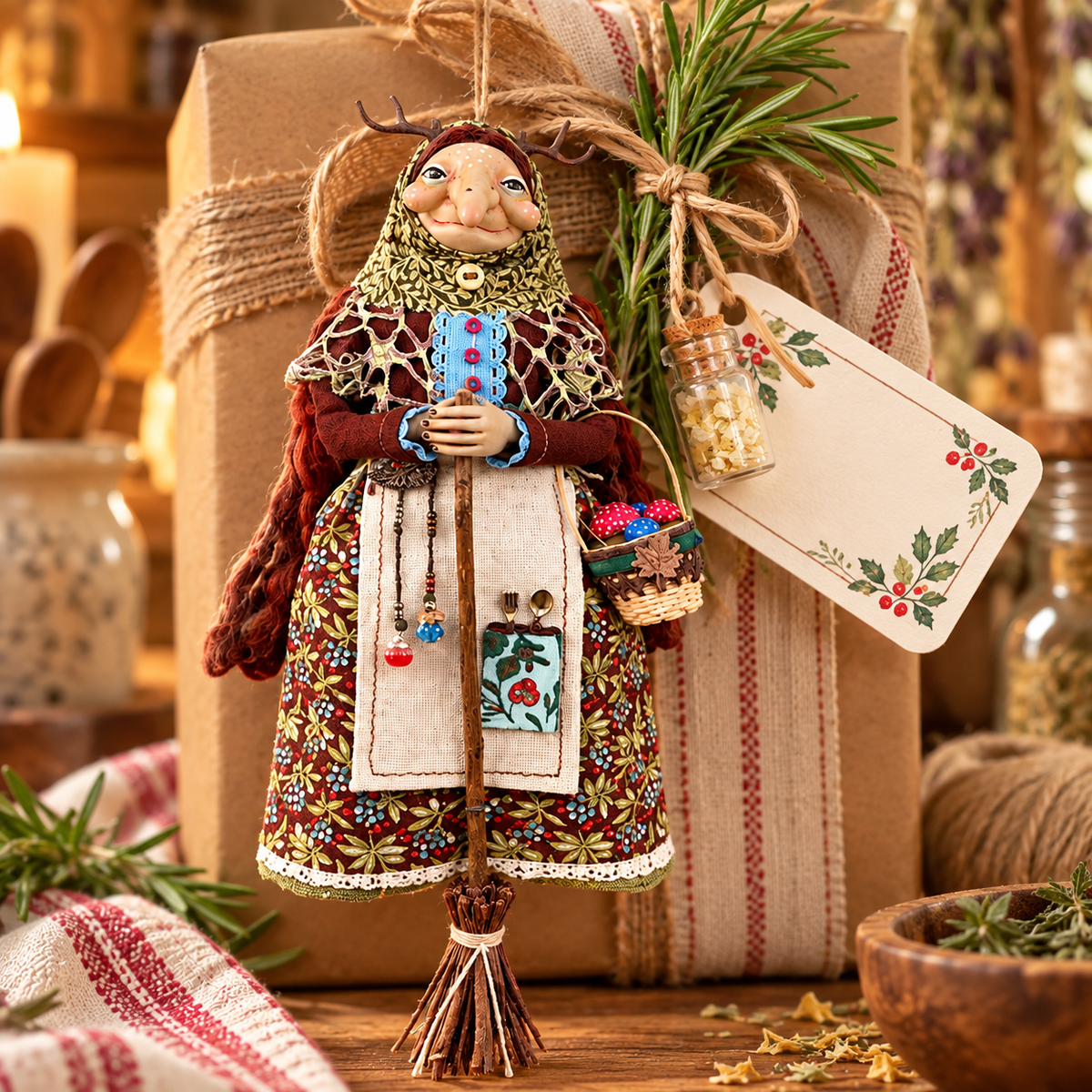 🧙‍♀️✨ Handmade Kitchen Witch Doll – Whimsical Home & Kitchen Decor