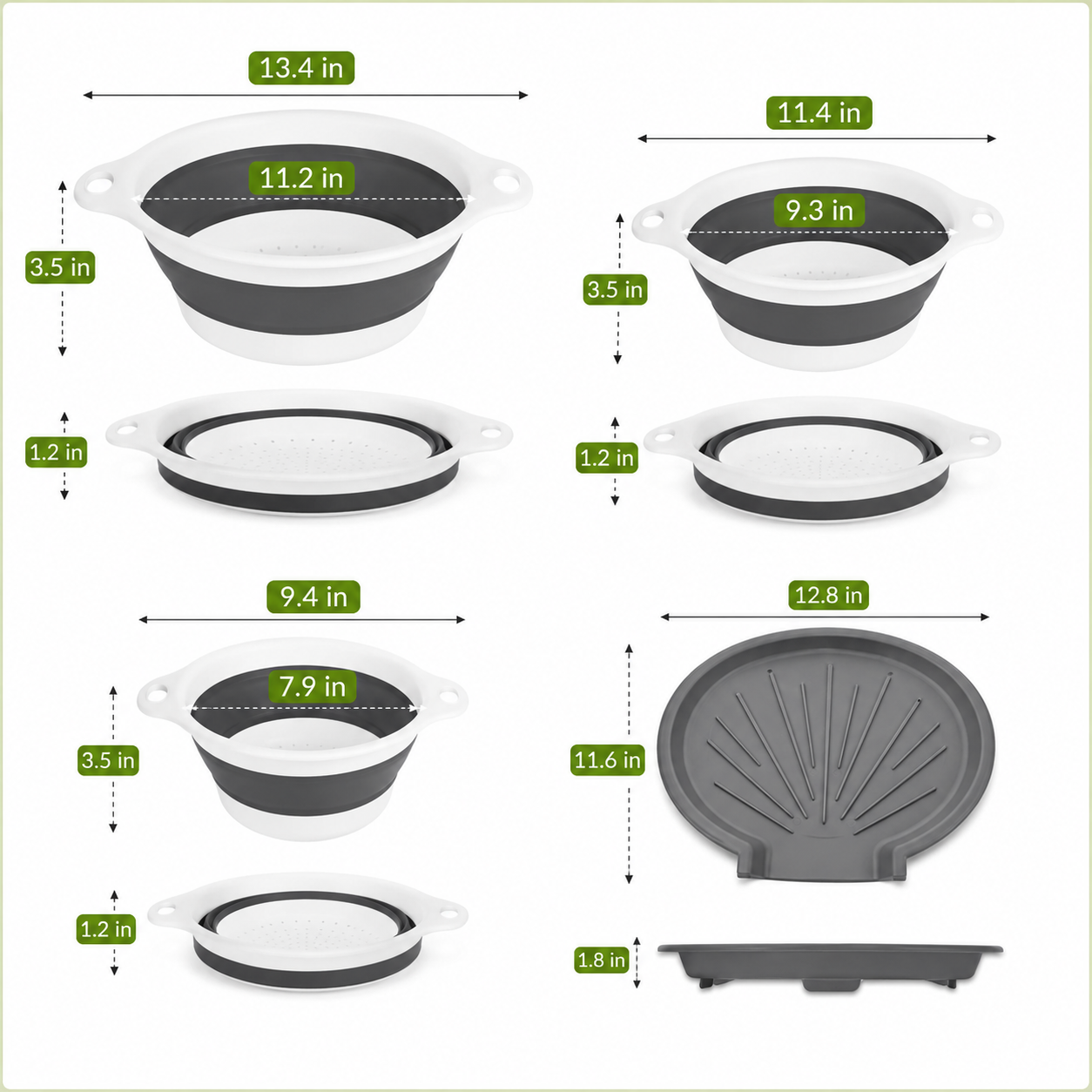 3-Piece Collapsible Colander Set with Self-Draining Base