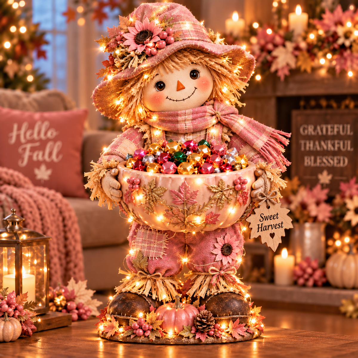 🎃🍂 Harvest Glow – Light-Up Scarecrow Candy Bowl | Halloween & Fall Porch Decor