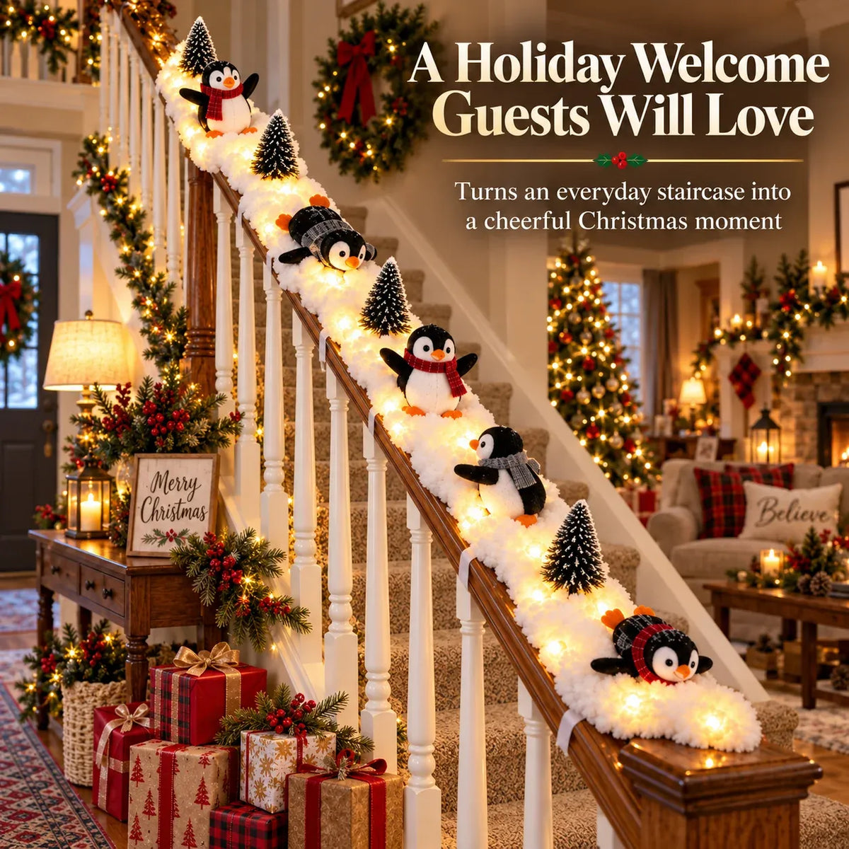 🔥playful Penguin Snowy Stair Railing Decor