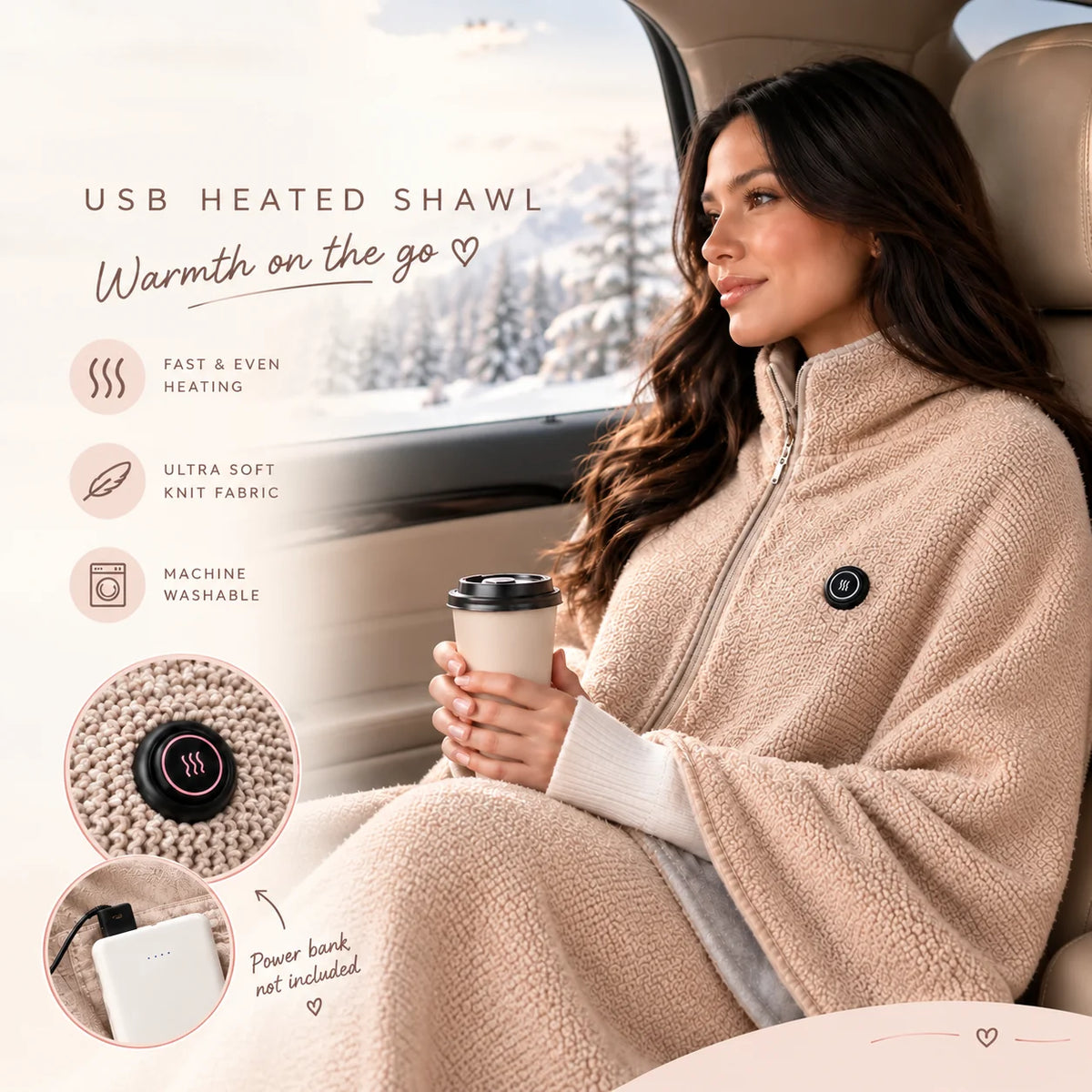 🔥 Wearable Heated Shawl – 3 Heat Levels, USB-Powered Cozy Thermal Wrap