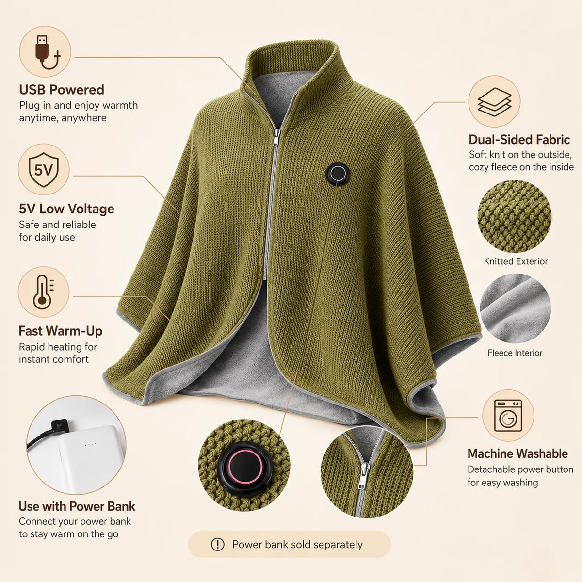 🔥 Wearable Heated Shawl – 3 Heat Levels, USB-Powered Cozy Thermal Wrap