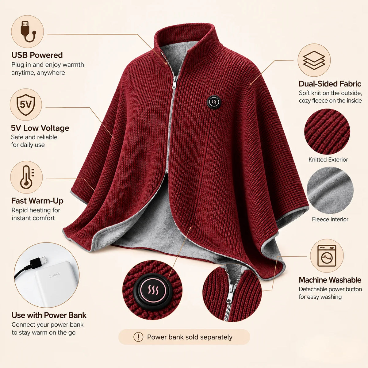 🔥 Wearable Heated Shawl – 3 Heat Levels, USB-Powered Cozy Thermal Wrap