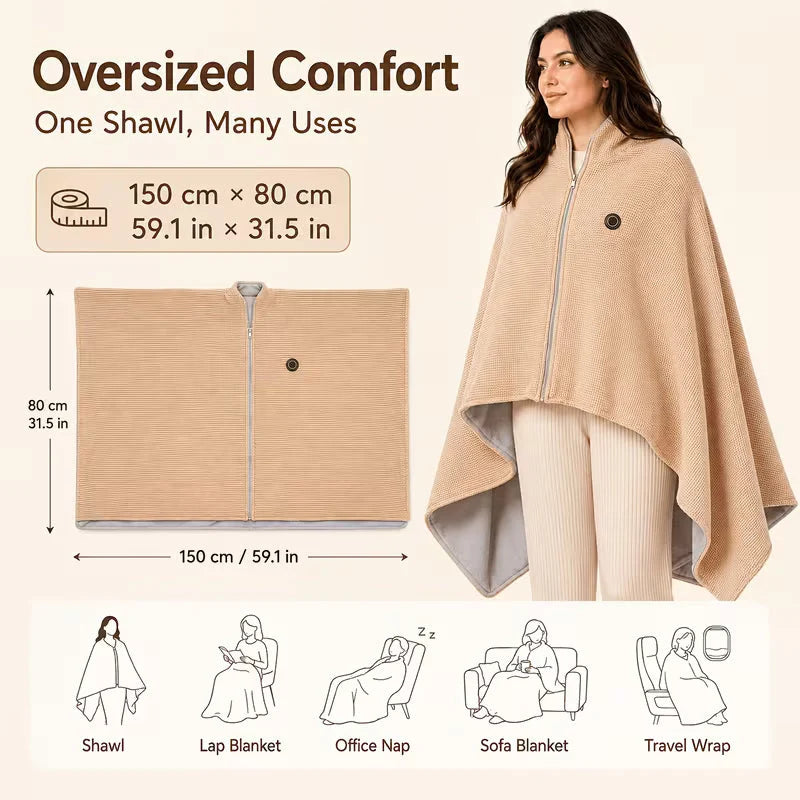 🔥 Wearable Heated Shawl – 3 Heat Levels, USB-Powered Cozy Thermal Wrap