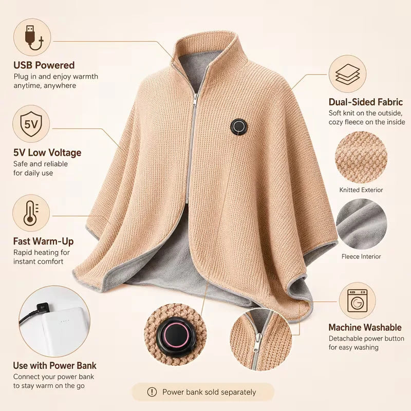 🔥 Wearable Heated Shawl – 3 Heat Levels, USB-Powered Cozy Thermal Wrap