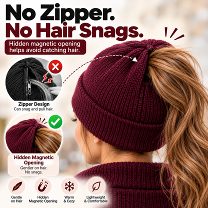🔥 Last Day 50% OFF 🎩Magnetic Ponytail Beanie™ — Cozy Winter Knit Hat for High Ponytails