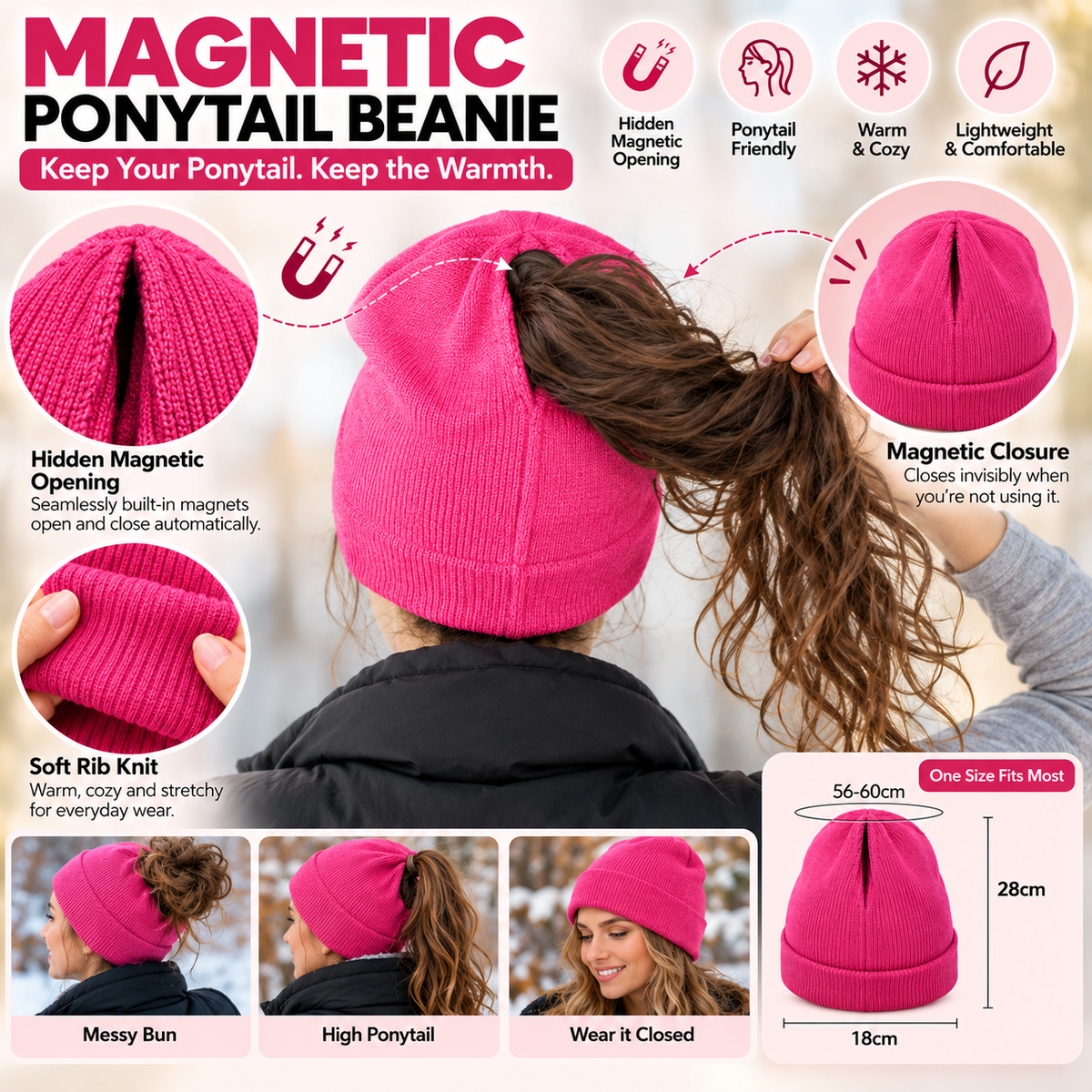 🔥 Last Day 50% OFF 🎩Magnetic Ponytail Beanie™ — Cozy Winter Knit Hat for High Ponytails