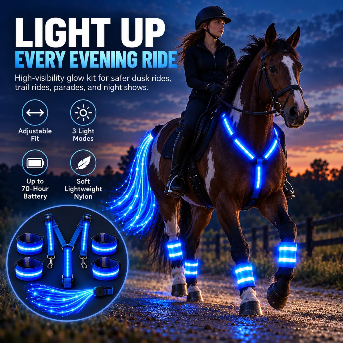 🎁LED Horse Glow Kit – High-Visibility Light-Up Gear for Night Riding, Adjustable & 3 Light Modes