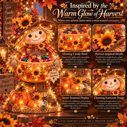 🎃🍂 Harvest Glow – Light-Up Scarecrow Candy Bowl | Halloween & Fall Porch Decor