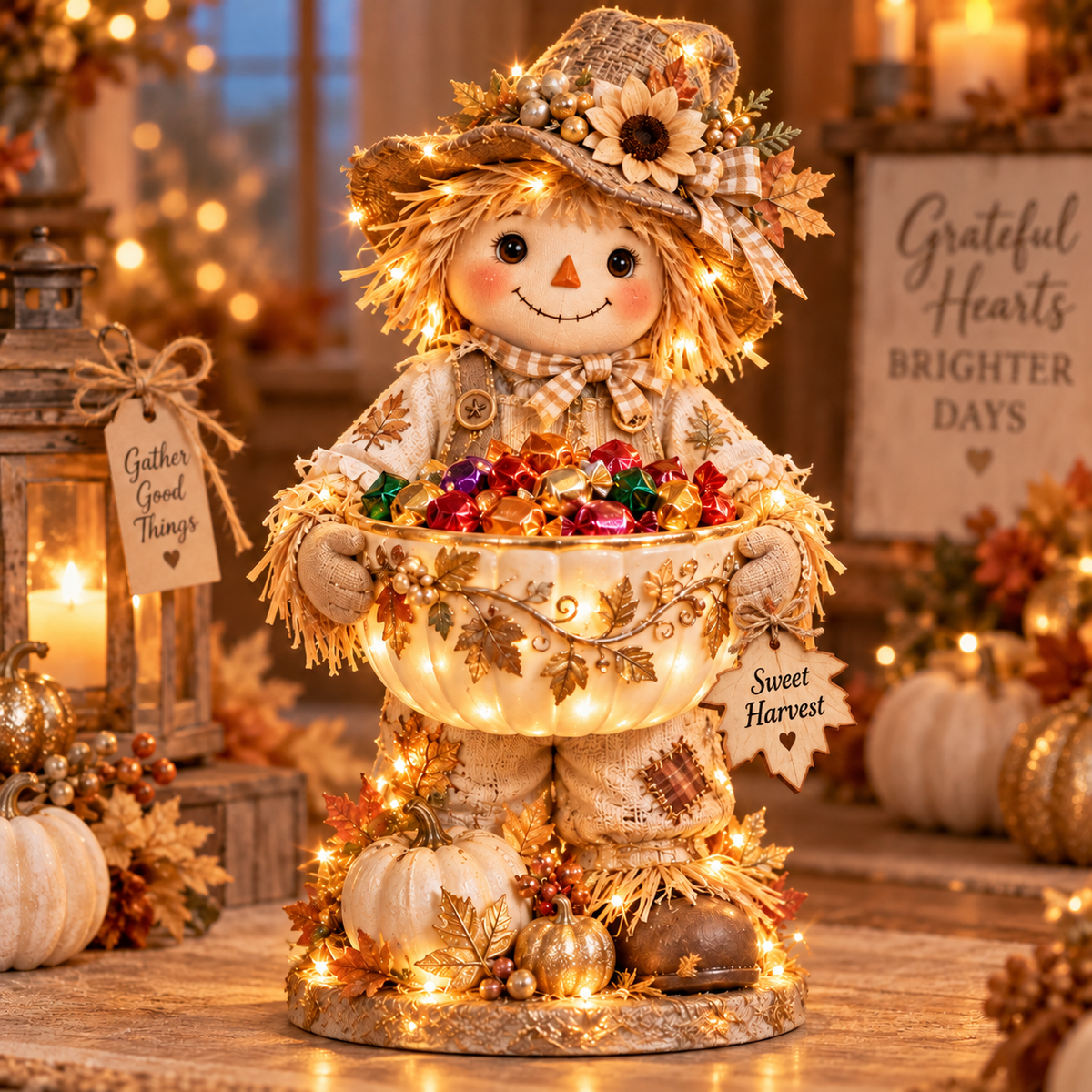 🎃🍂 Harvest Glow – Light-Up Scarecrow Candy Bowl | Halloween & Fall Porch Decor