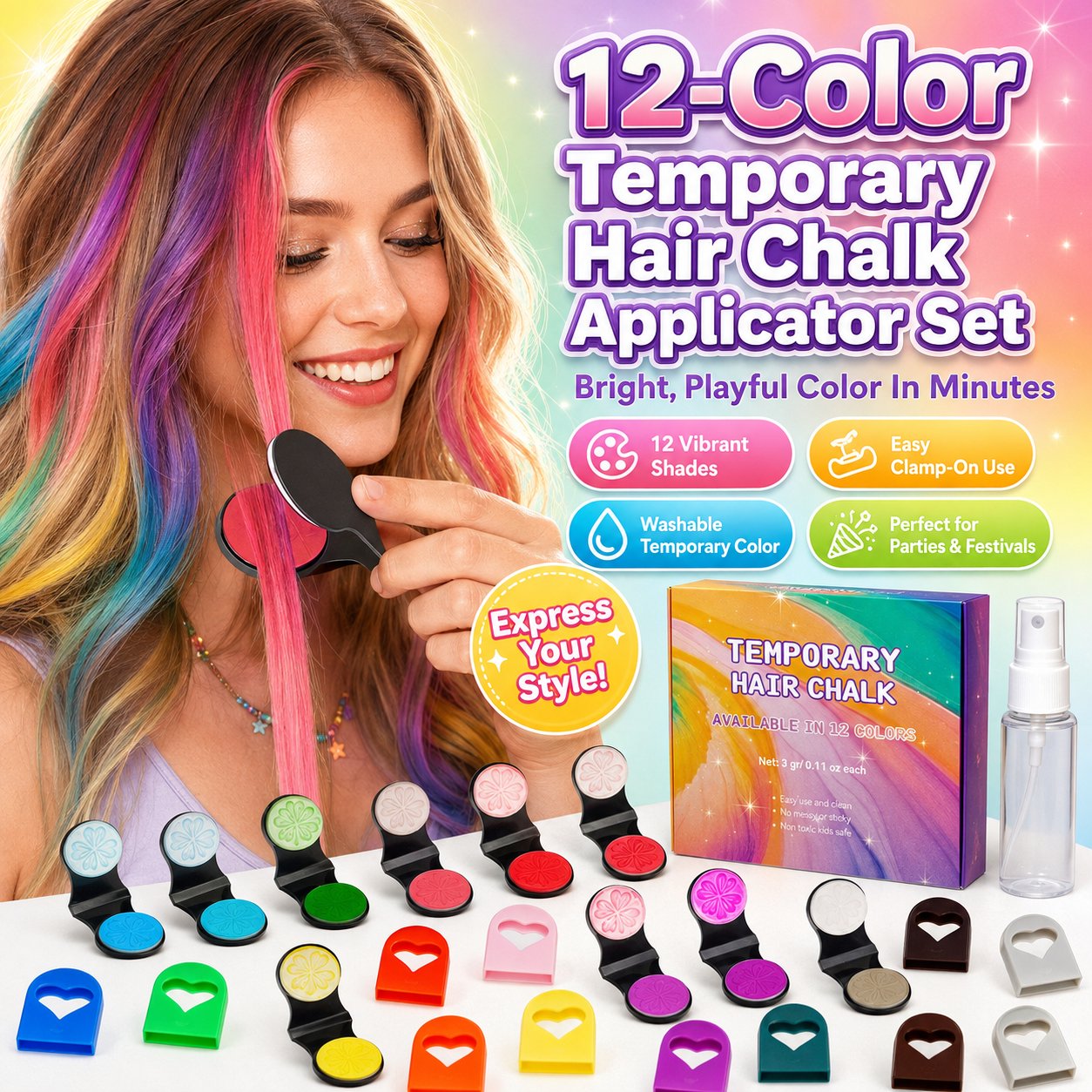 🏅🔥Last Day 50% OFF - 🌈12-Color Temporary Hair Chalk Applicator Set
